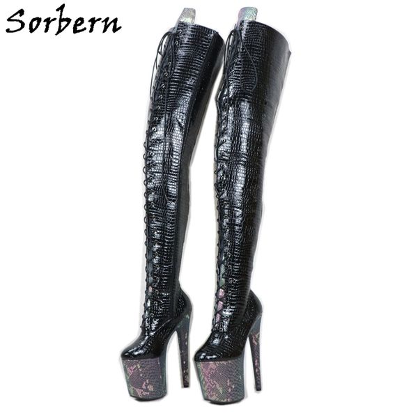 

sorben snake holo crotch thigh boots women for stripper dance high heels custom wide extreme long shaft length boots crossdress, Black