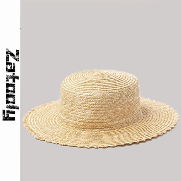 

2020 new decorative border pattern wavy edge wheat straw flat roof hats summer sun hats for women with leisure beach lady, Blue;gray