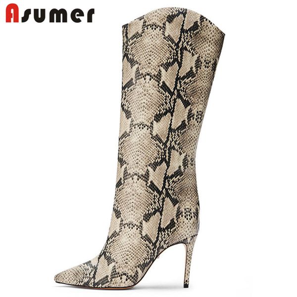 

asumer 2020 big size 45 knee high boots women snake pointed toe thin high heel party prom shoes autumn winter long boots woman, Black
