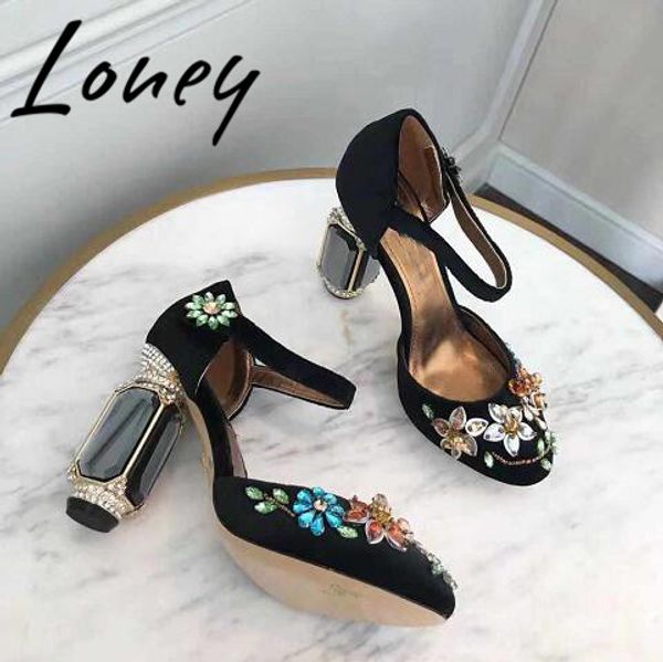 

ollymurs new velvet crystal jewel beading high heel pumps crystal heel mary jane pumps shoes women, Black