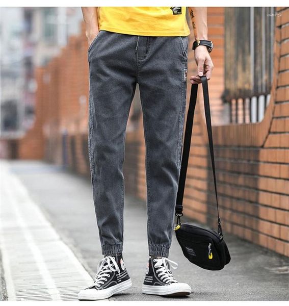 

jeans fashion elastic waist pencil pants mens distrressed straight jeans pure color mid long pants mens pocket, Blue