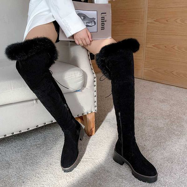 

women boots casual warm fur over the knee boots shoes women thich high heels snow shoes muje plus size 41 42 43, Black