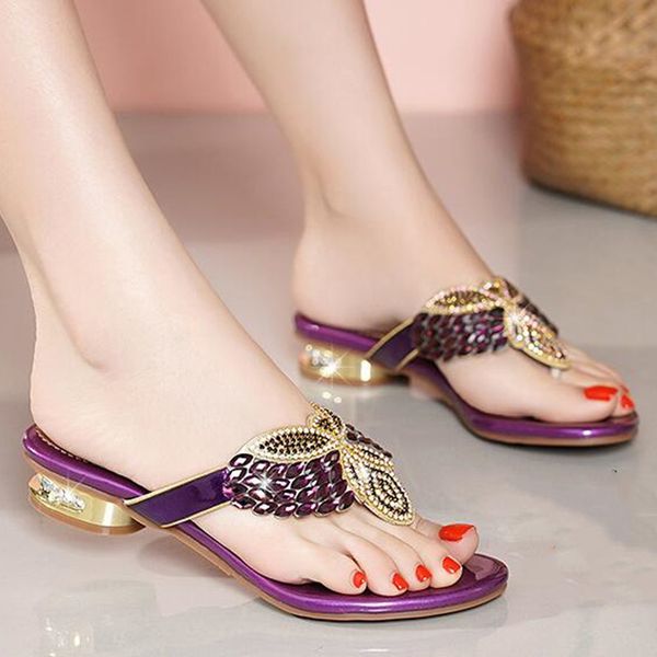 

2020 ladies summer sandals plus size square heel shoes ladies fashion low heel rhinestone open toe slippers, Black