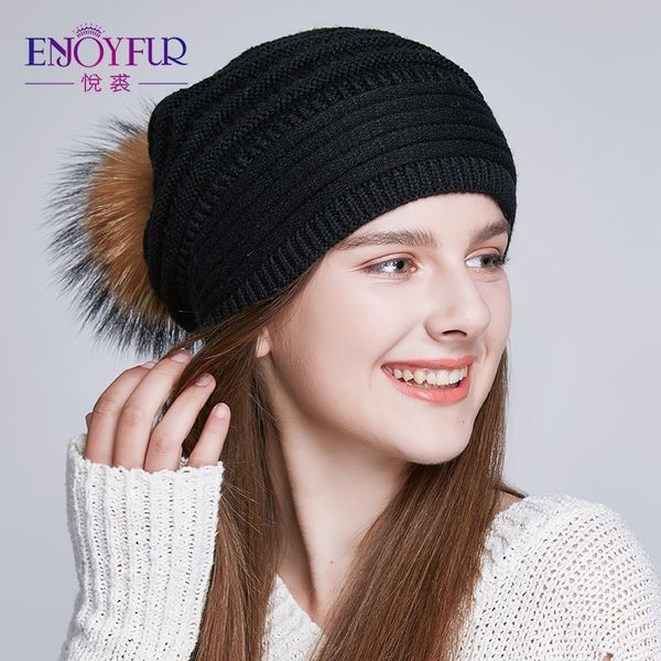 

enjoyfur women slouchy beanies hats for winter kintted oversized real fur pompom cap, Blue;gray
