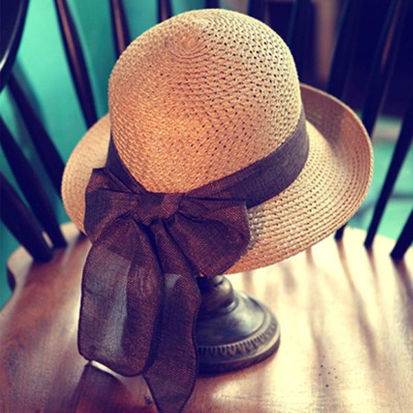 

women summer wide brim flat folding elegant beach sun protection seaside gift head wear bow korean style straw hat, Blue;gray