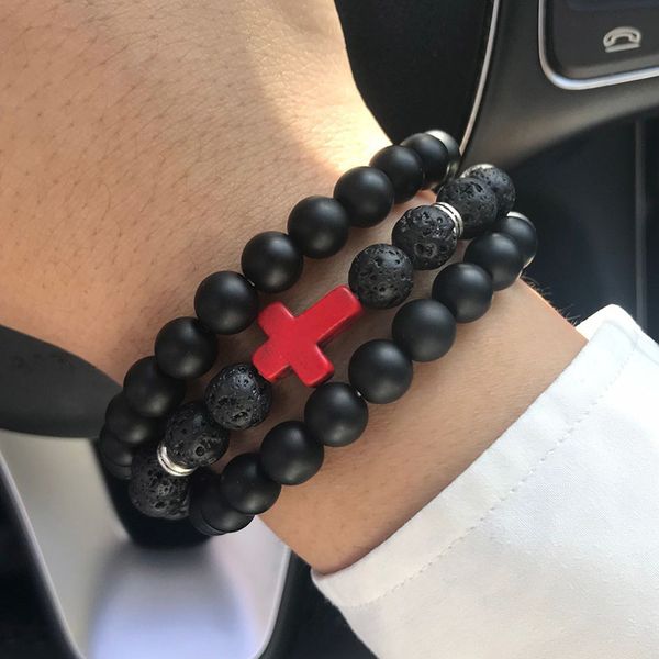 

jesus cross charm bracelet natural stone lava beads handmade women couple lovers strand bracelets & bangles for men jewelry, Black
