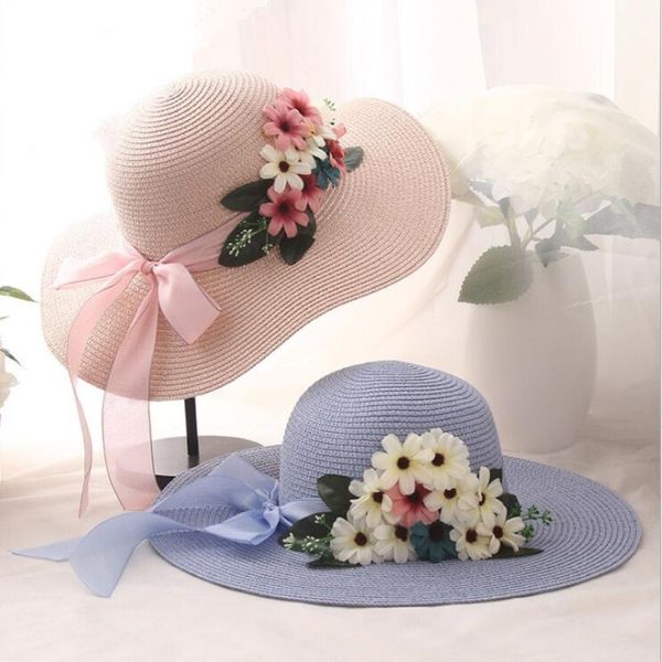 

wide brim hats seioum beautiful idyllic natural style dome raffia straw artificial flowers leaves women's summer sun, Blue;gray