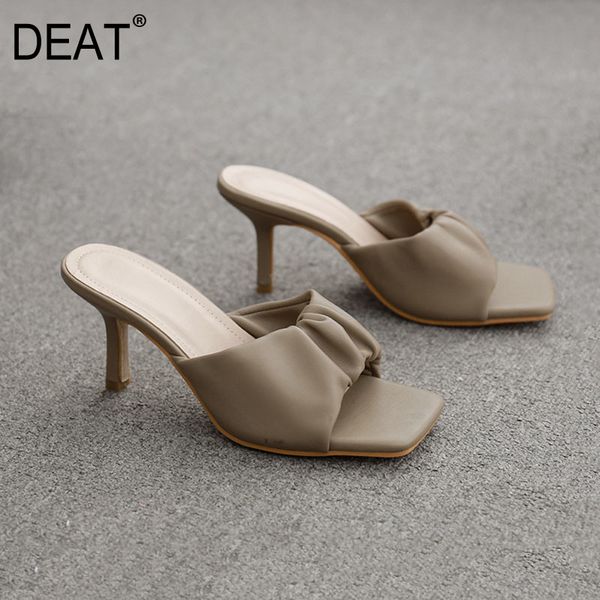 

deat] 2020 new spring summer square toe shallow pu leather pleated temperament thin heels slippers women shoes fashion 10i358, Black