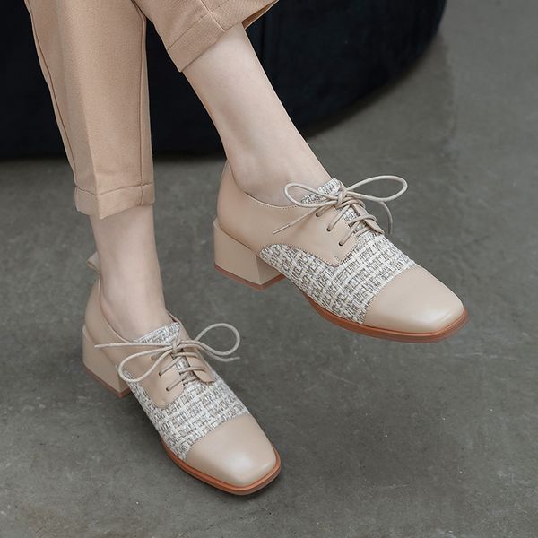 

2020 spring new model graceful tweed color matching brock shoes women's square head leather single shoes net red small, Black