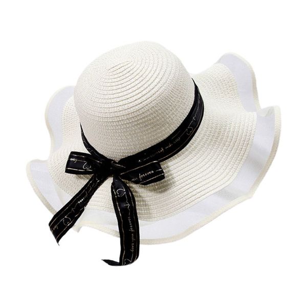 

women summer woven straw floppy sun visor hat mesh splicing letters ribbon bowkn, Blue;gray