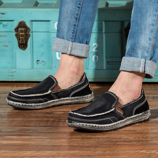 

2020 men classic canvas shoes casual sneakers men's lazy shoes moccasin men slip on loafer washed denim casual flat loafers, Black