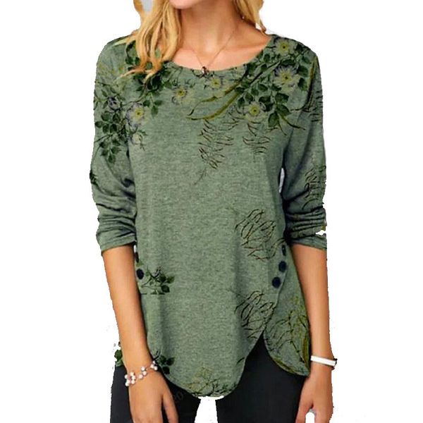 

dropshipping autumn ladies designer casual tshirts loose floral printed crew neck long sleeve asymmetrical tee plus size women clothing, White