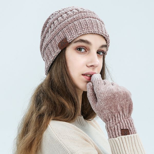 

corduroy beanie cap for women wool winter hat and glove set girl 's hat wool female and gloves set solid color keep warm, Blue;gray