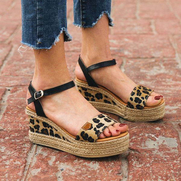 

plus size 35-42 gladiator sandals wedges on platform shoes high heels beach shoes leopard buckle strap sandalias mujer 8060g, Black