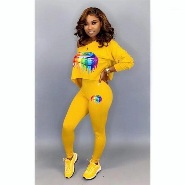 

sloping shoulder long sleeve printed womens two pieces pants fashion solid color skinny suits womens rainbow mouth 2pcs sets designer, White