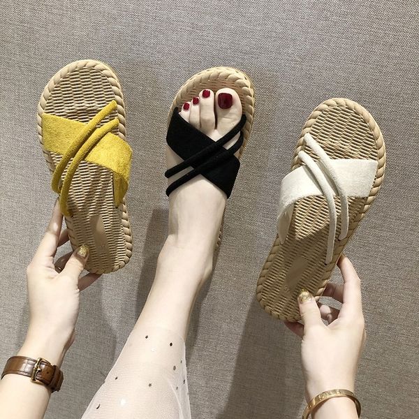 

slippers female summer wild fairy style outer wear flat straw slippers, Black