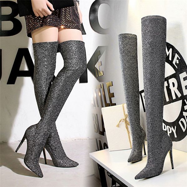 

boots bigtree 2021 fashion long stocking winter concise sequined women high stiletto heel above knee club party thigh boot, Black