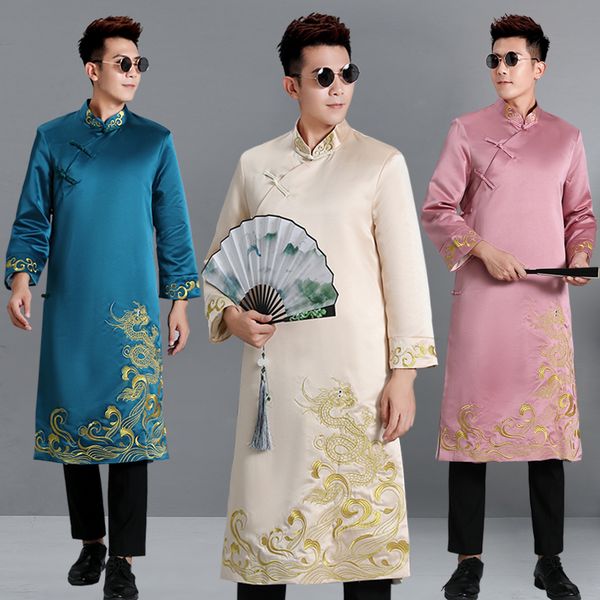 

traditional tang suit hanfu long gown party qipao for man embroedered dragon male robe stage performance wear film tv costume, Black;red