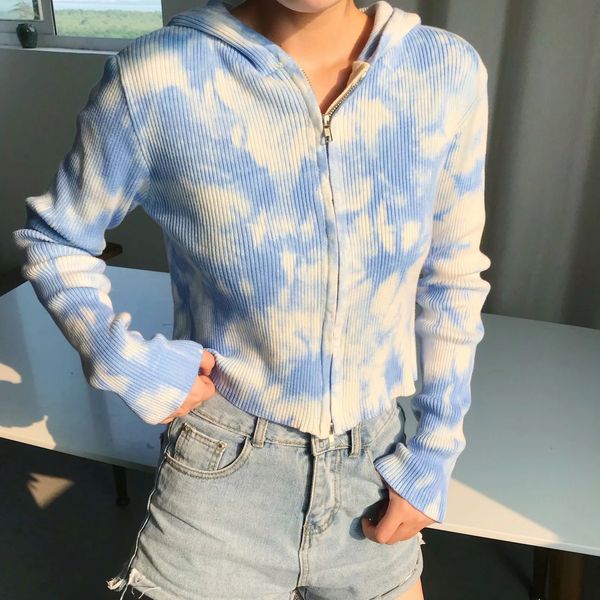 

2020 autumn and winter new style gradient color tie-dye hooded zipper sweater coat, Black;brown