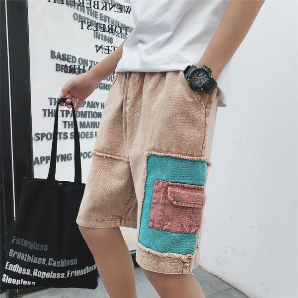 

fashion baggy punk shorts jeans men destroyed straight short straight denim pants men pockets pockets jean hombre, Blue