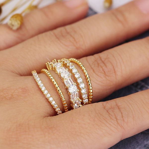 

junerain brand trendy bohemian stylish women rings several layers with full micro paved women jewelry gold color available ring, Silver