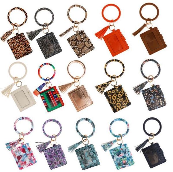 

party favor women designer bag wallet keychains leopard print pu leather tassels bracelet keychain credit card bangle key ring wristlet hand