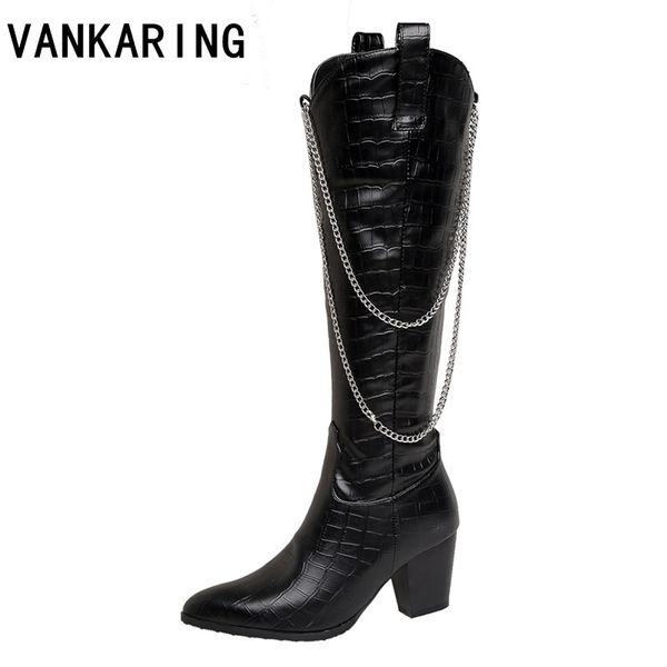 

fashion designer women cowboy chains boots punk style motorcycle knee high boots pointed toe thick high heel cowgirl long, Black