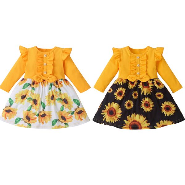

focusnorm autumn kids girls sunflowers dress outfits 1-6y long sleeve print bowknot knee length a-line dress, Red;yellow