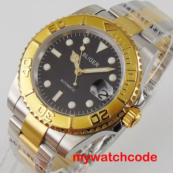 

40mm bliger black dial date window gold plated bezel magnifier 316l stainless steel nh35 self-winding movement men's watch, Slivery;brown