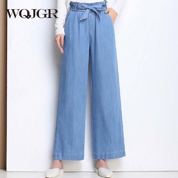

wqjgr jeans women spring and summer high waist elastic loose mom jeans plus size wide leg pants women, Blue