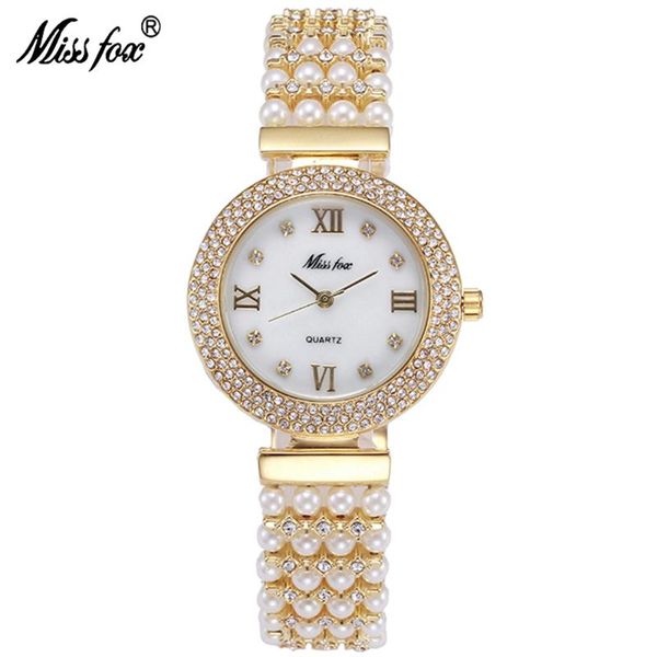 

missfox women pearls watches stainless steel strap water and resistant ladies fashion rhinestones luxury wristwatch 2300, Slivery;brown