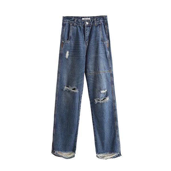 

women's jeans ripped han edition of fund 2021 autumn loose straight female trousers high waist wide-legged pants, Blue