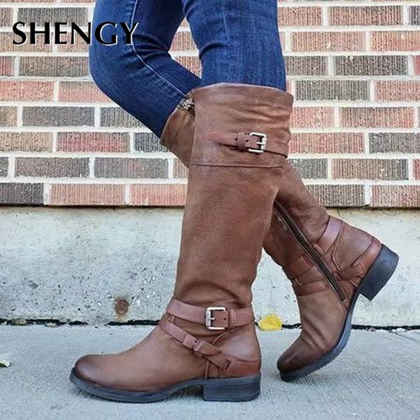 

2020 shengy women mid-calf boots chunky mid heels shoes booties vintage pu leather gladiator buckle shoes big size, Black