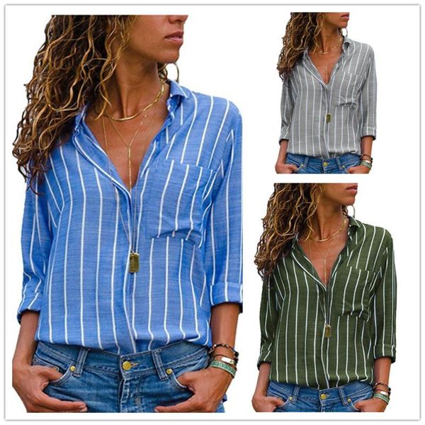 

women's blouses & shirts casual striped blouse 5xl plus size long sleeve women blusas mujer fashion 2021 autumn v-neck sas femininas, White