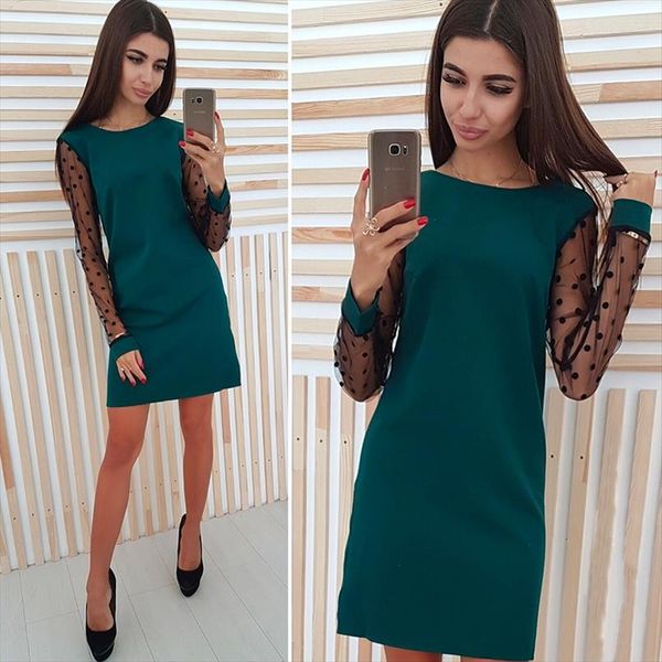 

women casual lace sleeve party dress long sleeve straight o neck solid midi dress winter new fashion chic women dress, Black;gray