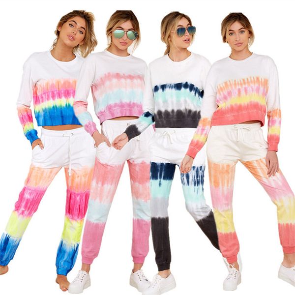 

autumn winter women outfits tie-dyed tracksuit long sleeve hoodies sweatshirt + pants trousers two piece set fashion sportswear suit clothes, White