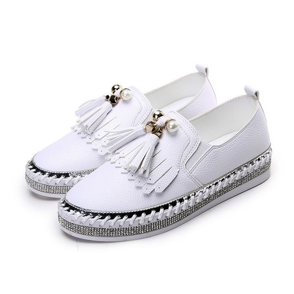 

crystal small white leather shoes women tassel espadrilles creepers fishermen flats ladies loafers handmade leather moccasins, Black
