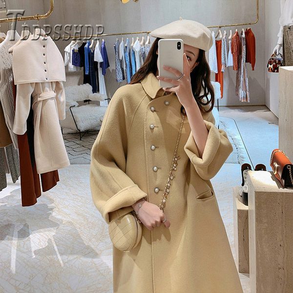 

2020 autumn winter pearl button women woolen coat long style sweet female overcoat, Black