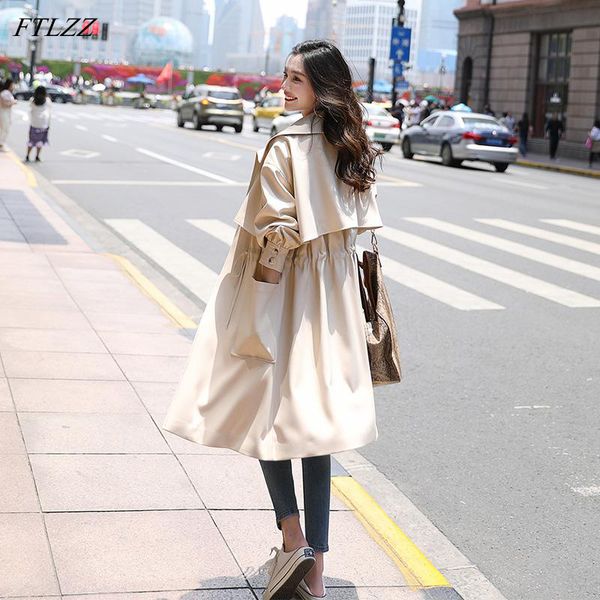 

ftlzz 2020 new women spring long trench coat casual fashion streetwear turn down collar black outwear pocket korean windbreaker