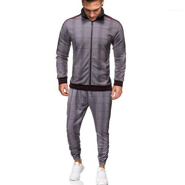 

neck long sleeve long pants men s clothing men tracksuits designer 3d plaid pattern suits casual zip, Gray