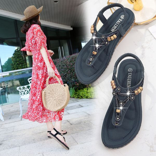 

fashion new women's sandals summer shoes ladies sandals leather flat slippers clip toes non-slip beach shoes, Black