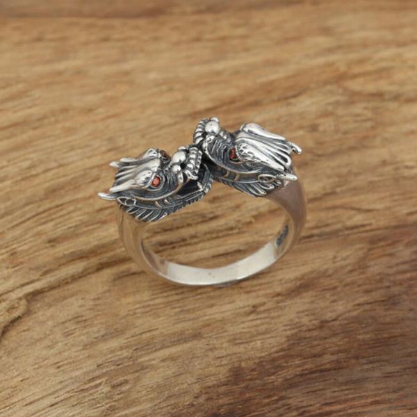 

925 sterling silver ring retro thai silver red eye dragon women men fine jewelry adjustable ring