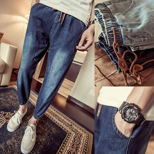 

fashion 2020 spring autumn young men's clothing beam foot trousers elastic waist ripped hip hop students feet pants ripped jeans, Blue