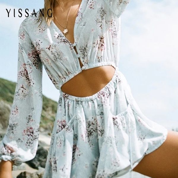 

yissang 2020 floral print summer button romper women jumpsuit deep v neck long sleeves playsuits floral print jumpsuits, Black;white