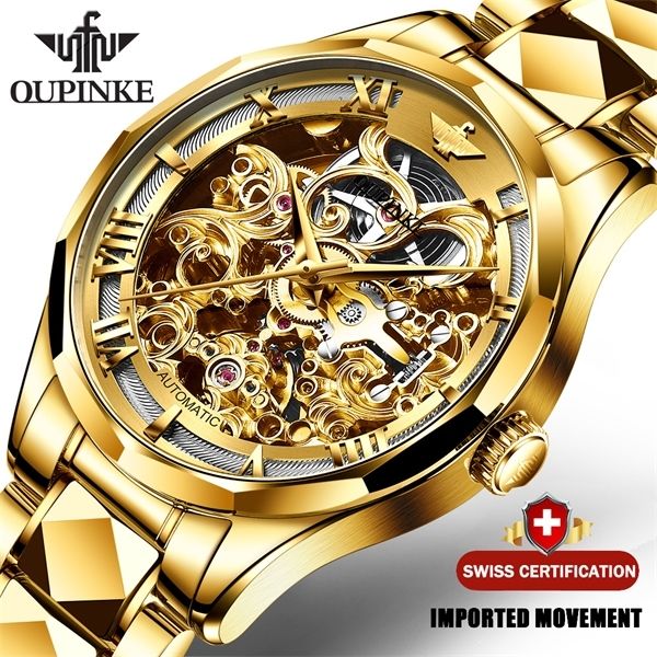 

swiss brand oupinke luxury men watches automatic gold watch men tungsten steel waterproof 5atm business mechanical wristwatch 0924, Slivery;brown