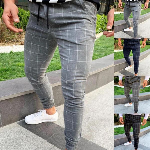 

fashion men casual cargo workwear pants trousers plaid print drawstring elastic casual slim pencil pants trousers, Black