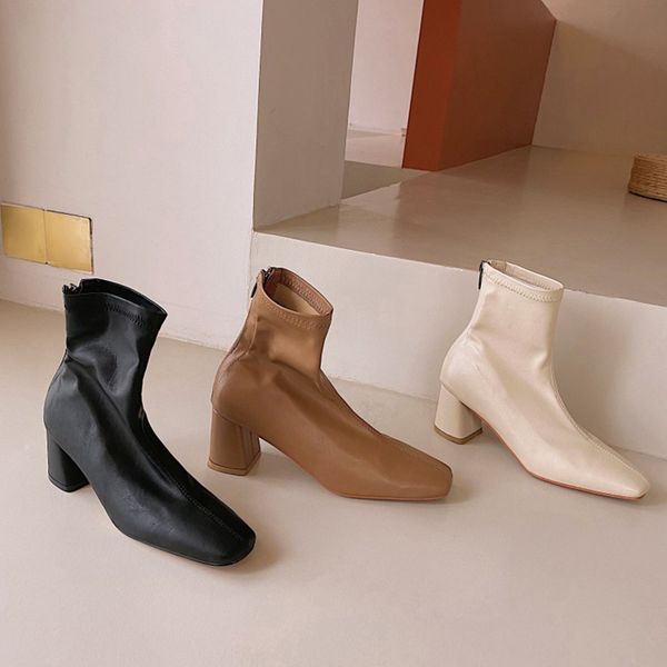 

2020 new winter ankle boots women's shoes simple style stretch streetwear square toe ankle boots zapatos de mujer, Black