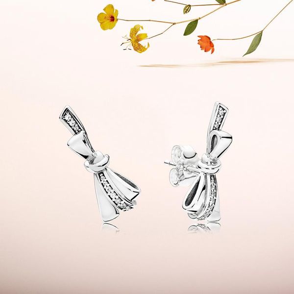 

new authentic 925 sterling silver bowknot earrings set original box for pandora cz diamond bow stud earring for women, Golden;silver