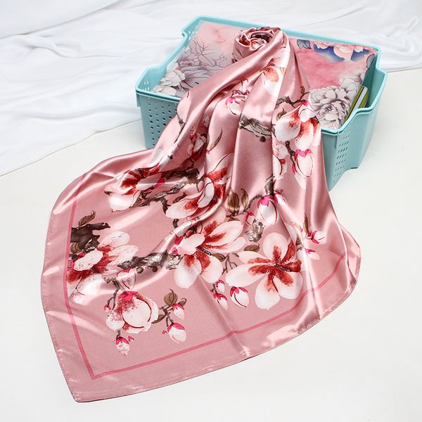

floral print silk satin hijab scarf for women square shawls and wraps hair scarfs female 90*90cm neckerchief scarves for ladies, Blue;gray