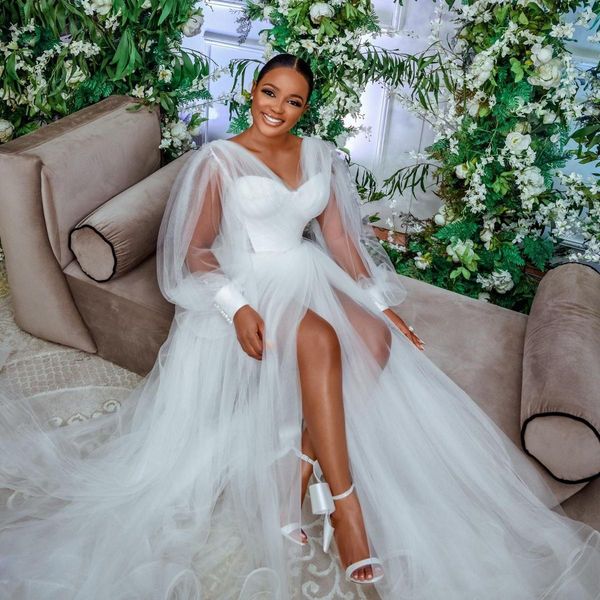 

2021 дизайнер с длинными рукавами свадебные платья v-шея, White